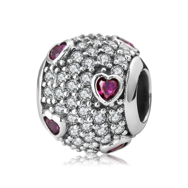 100% autentico argento sterling 925, cuore rosa, perline di zirconi trasparenti, compatibile con i charm europei originali, braccialetti e creazione di gioielli
