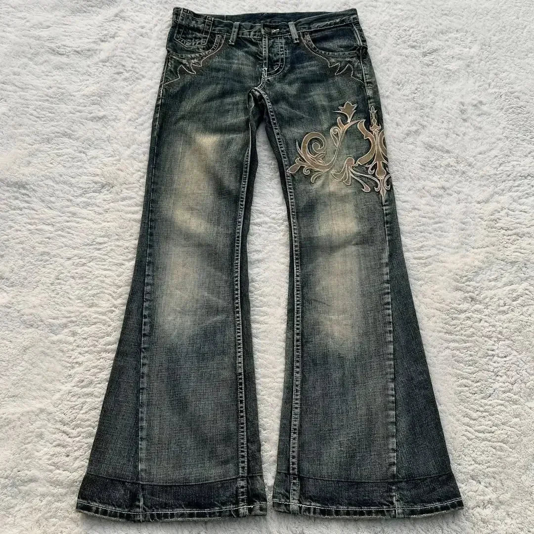 Y2K new American retro embroidery pattern women horn -shaped jeans street fashion Gothic slim mop pants women jeans