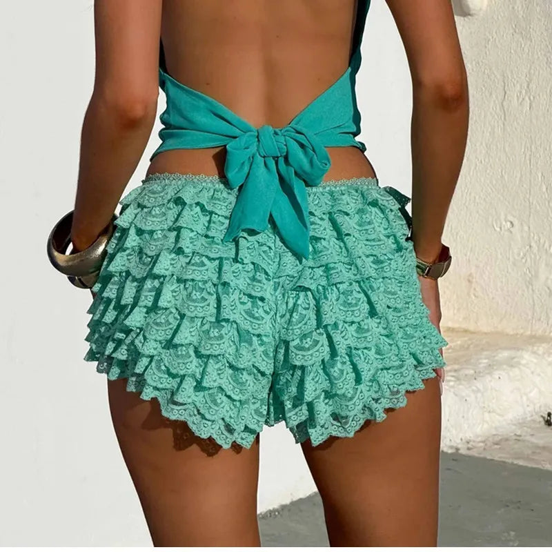 Women Lolita Tiered Bloomer Shorts Y2K Lace Multi-Layered Lace Shorts Casual Elastic Low Rise Sweet Shorts Summer Pettipants