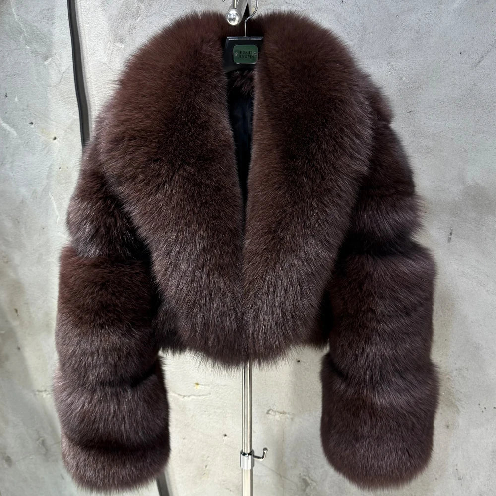 # Giacca in pelliccia di volpe dorata da donna, cappotto corto in vera pelliccia di volpe, manica lunga, in tessuto di pelliccia naturale con colletto