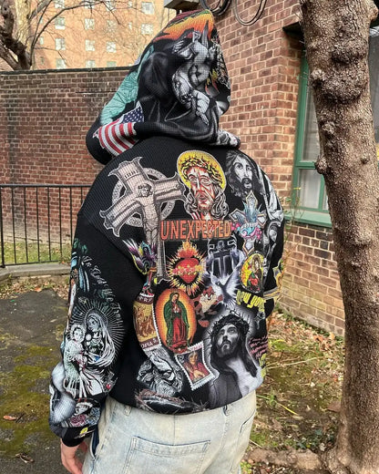 Felpa con cappuccio e zip da uomo in stile punk, fantasia multicolore, stile gotico waffle, capospalla street fashion, vestibilità ampia, taglie forti.