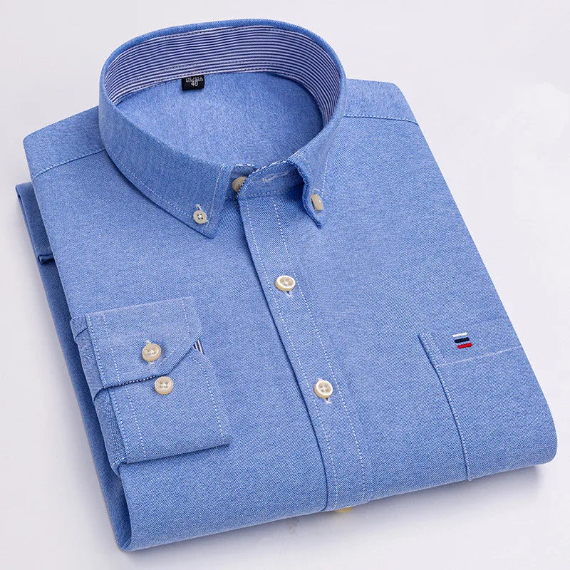 Camicia da uomo a quadri con bottoni a maniche lunghe in cotone 100%, con tasca singola sul petto, vestibilità standard, casual, stile Oxford a quadri e righe