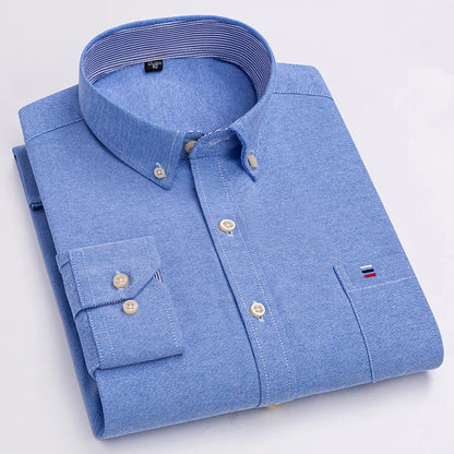 Camicia da uomo a quadri con bottoni a maniche lunghe in cotone 100%, con tasca singola sul petto, vestibilità standard, casual, stile Oxford a quadri e righe
