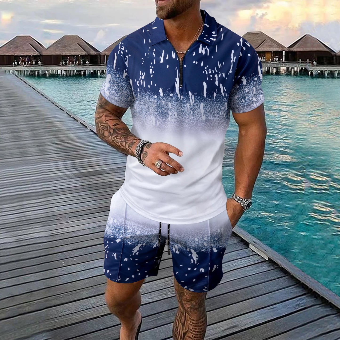 Interessante set da uomo a maniche corte con stampa a quadri 3D, camicia polo con cerniera alla moda, completo estivo ampio, set di t-shirt Ropa Hombre