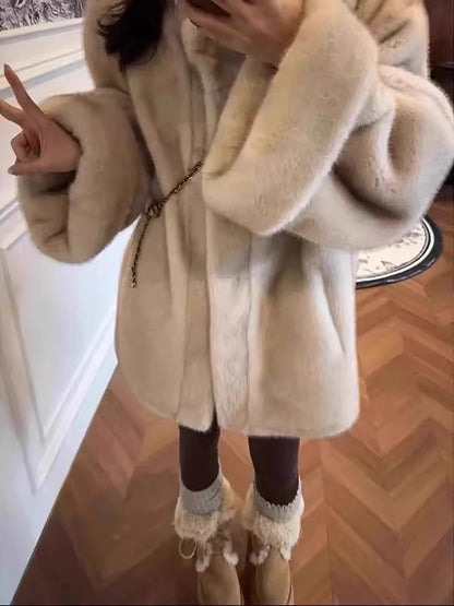 Cappotto in pelliccia di visone lungo e medio da donna in stile coreano, autunno inverno, collo alto, ecologico, tinta unita, spesso, caldo