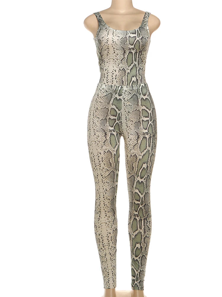 Kliou Serpentine Print 2 Piece Woman Low-Neck Backless Sleeveless Bodysuits+Skinny Peach Hip Long Pants Hottie Midnight Clubwear