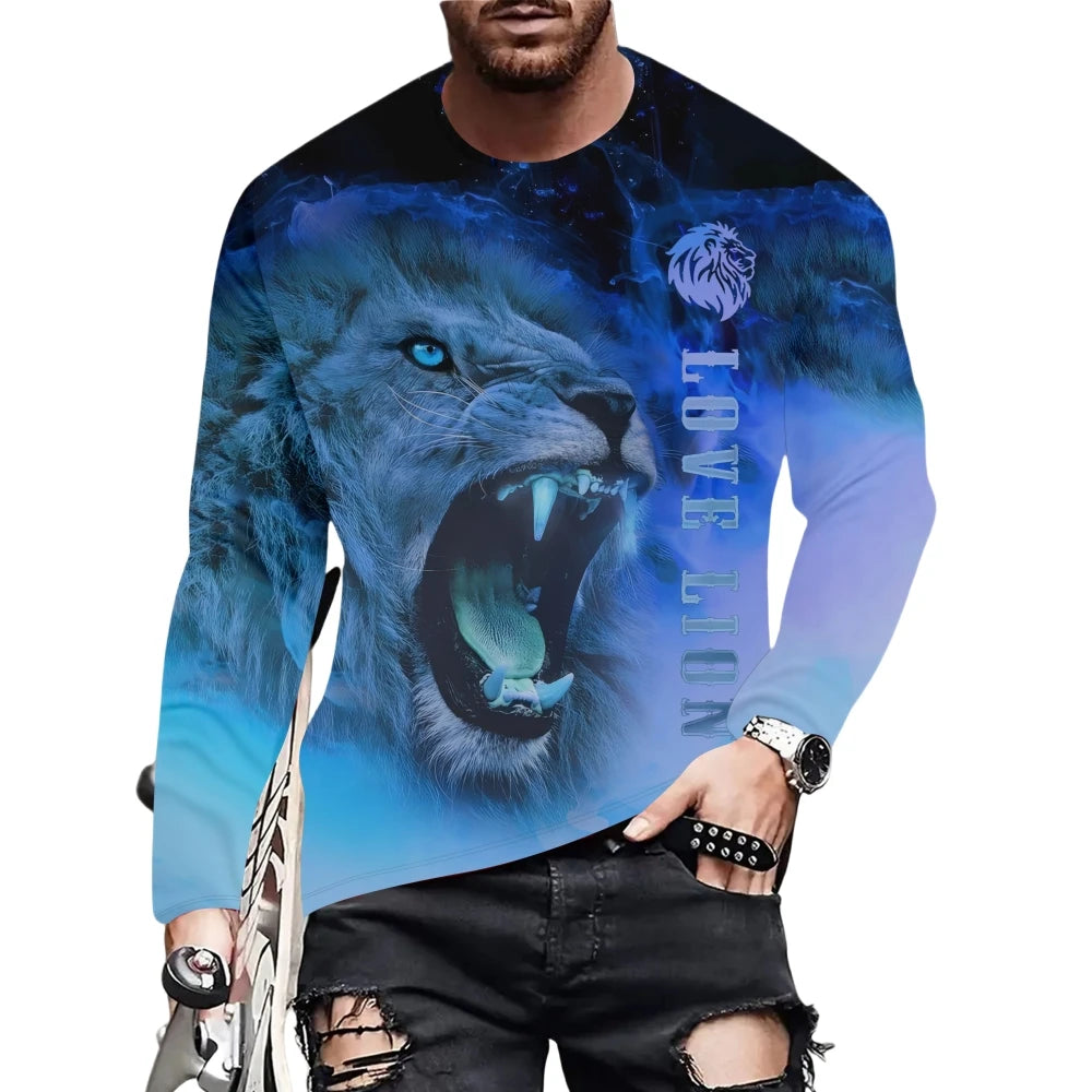 T-shirt da uomo vintage con stampa, maniche lunghe, stampa 3D tigre, girocollo ampio, abbigliamento uomo con animali, t-shirt oversize autunnale da uomo