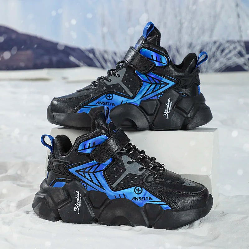 Scarpe sportive invernali per bambini, scarpe da corsa in pelle per ragazzi, scarpe basse casual da passeggio, stivali caldi e leggeri per attività all'aperto.