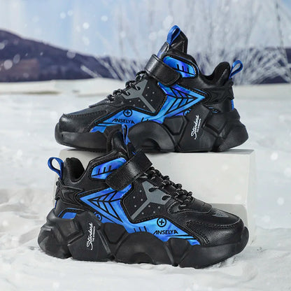 Scarpe sportive invernali per bambini, scarpe da corsa in pelle per ragazzi, scarpe basse casual da passeggio, stivali caldi e leggeri per attività all'aperto.