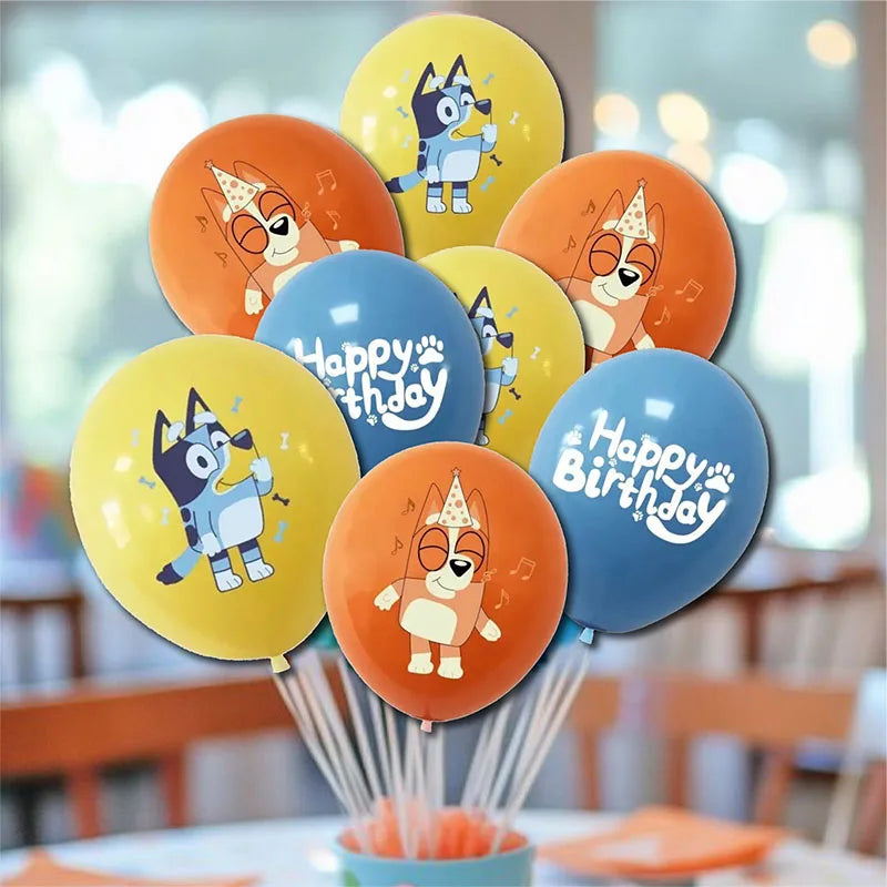 12Pcs/set Bluey Themed Cartoon Cute Balloons Set Supplies for Baby Shower Cake Birthday Family Bachelorette Party Decorations