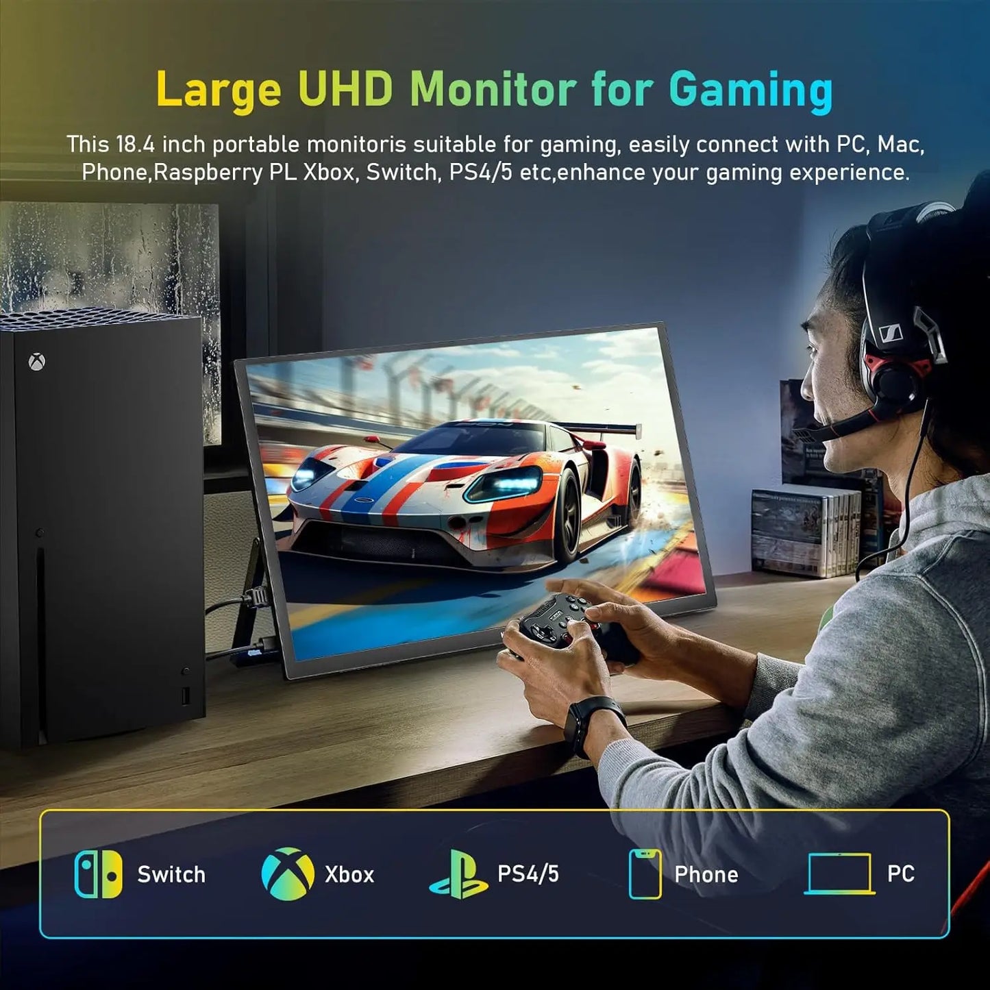 UPERFECT 18.5 Inch 4K Portable Monitor Gaming PC Displays IPS HDR Laptop TV External Second Screen With VESA Stand Type-C HDMI