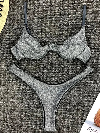 Glitter Shiny Underwired V-Bar Bikini Women Swimsuit Female Brazilian Swimwear Two-piece Bikini Set Triangle Bathing Suit Swim