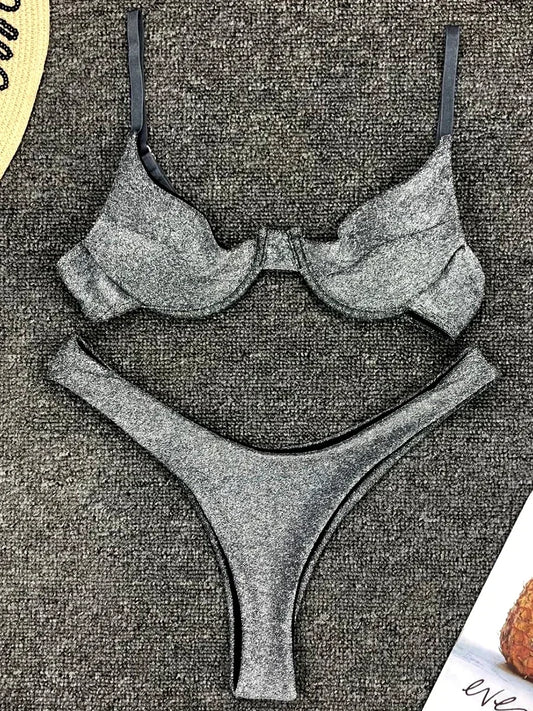 Bikini a V con ferretto e glitter scintillanti da donna, costume da bagno brasiliano a due pezzi, costume da bagno a triangolo.