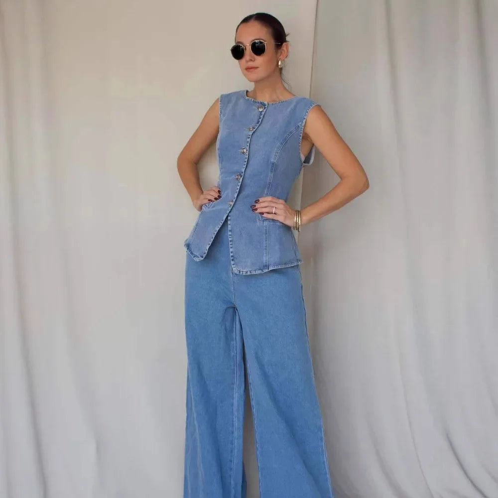 Completo da donna in denim, in cotone, con gilet senza maniche e jeans, tinta unita, stile americano, pantaloni larghi e dritti