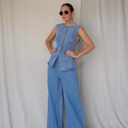 Completo da donna in denim, in cotone, con gilet senza maniche e jeans, tinta unita, stile americano, pantaloni larghi e dritti
