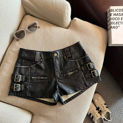 Women's Y2k Hot Girl Low Waist Pu Leather Shorts Lady Streetwear Faux Leather Slim Short Pants