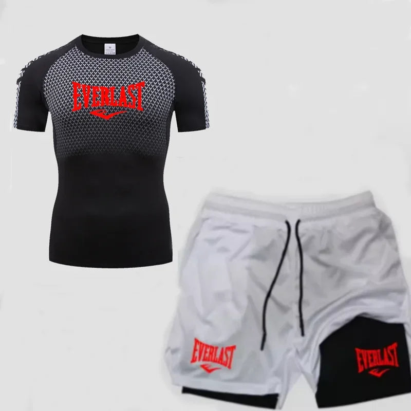 EVERLAST Maglietta a compressione da uomo + pantaloncini sportivi 2 in 1 Set 2 pezzi Tempo libero Traspirante Manica corta Sport Jogging Palestra Abbigliamento di marca Stampa