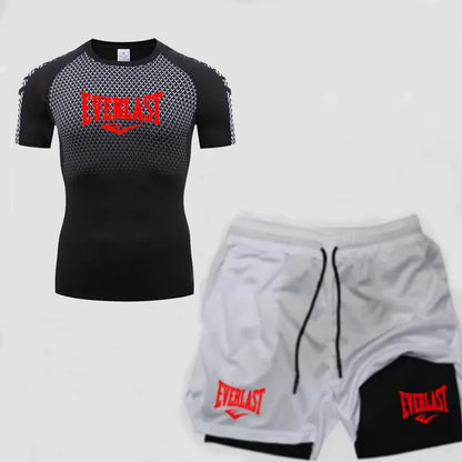 EVERLAST Maglietta a compressione da uomo + pantaloncini sportivi 2 in 1 Set 2 pezzi Tempo libero Traspirante Manica corta Sport Jogging Palestra Abbigliamento di marca Stampa