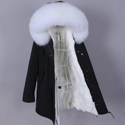 Maomaokong 2022 Giacca invernale da donna Parka lungo Impermeabile Grande pelliccia di volpe naturale vera Collo di pelliccia di procione Cappuccio Fodera in caldo coniglio