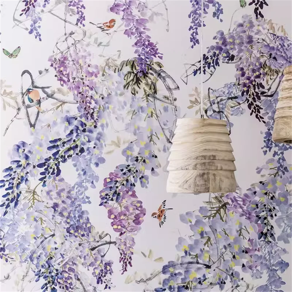 custom Wisteria wallpaper home decor TV background purple pattern bedroom wallpaper entire sheet flower waterproof wall sticker
