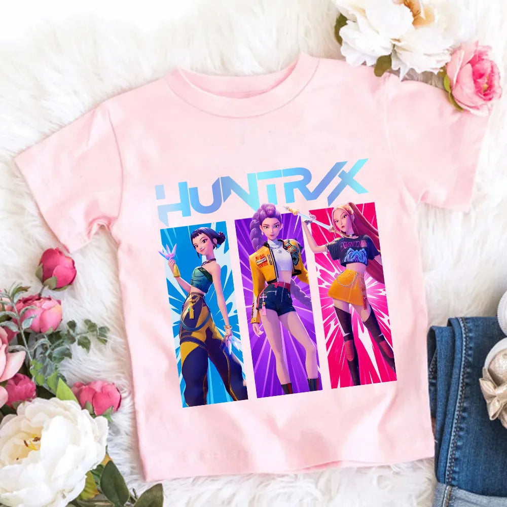 2026 Maglietta per bambine in morbido cotone con stampa del film KPop Demon Hunters - Regali per i fan - Abbigliamento per bambini - Top casual alla moda