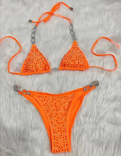 Bikini sexy da donna in 6 colori con strass cavi e allacciatura a catena, set bikini da spiaggia di lusso.