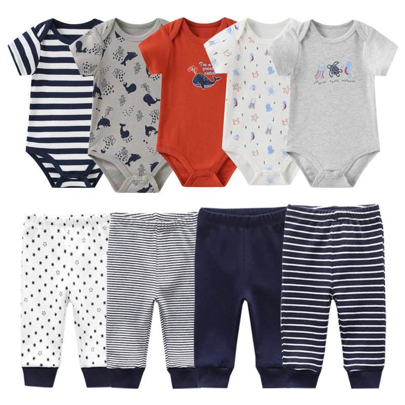 Abbigliamento unisex per neonati in cotone, 6/9/10 pezzi, body e pantaloni, maniche corte, per neonati maschietti.