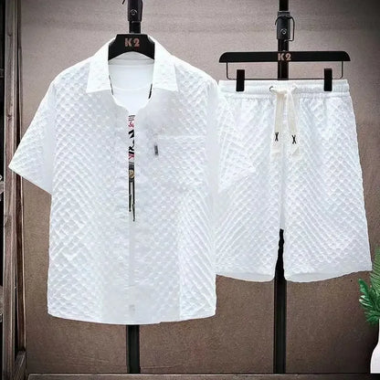 Completo da uomo di alta qualità in seta ghiaccio a quadri, composto da camicia a maniche corte con risvolto e pantaloncini, due pezzi per uomo, abbigliamento casual oversize di lusso coreano.