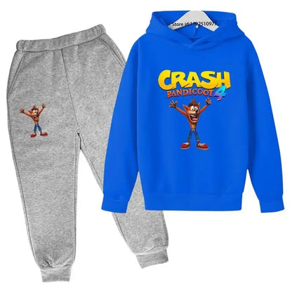 Completo per bambini con felpa con cappuccio e pantaloni a tema Crash Bandicoot, ideale per primavera e autunno, taglie 3-13 anni, abbigliamento casual per bambini e bambine.