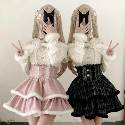 Abiti da Lolita Kawaii per ragazze giapponesi, camicette con fiocco in maglia e gonne a vita alta, nuovi adorabili set da 2 pezzi Harajuku invernali