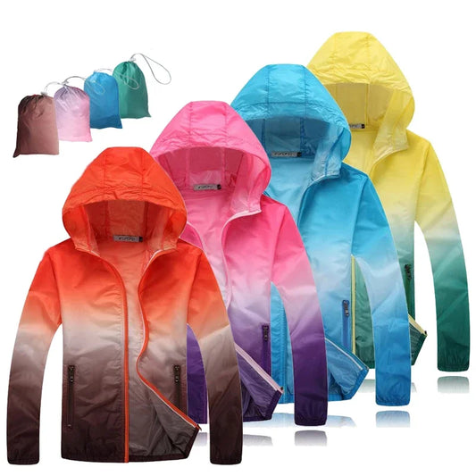Giacca da campeggio ultra sottile e ultra leggera per uomo, donna, bambini e ragazzi, trasparente, anti-UV, ad asciugatura rapida, giacca a vento con colori sfumati.