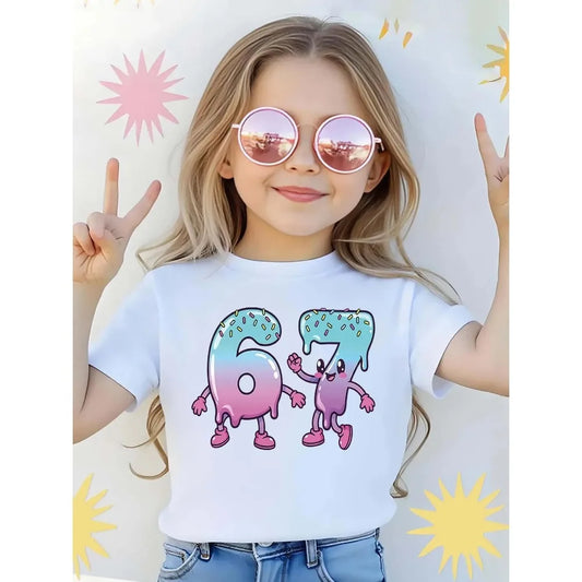 67 Maglietta estiva a maniche corte per bambini con stampa del numero sei sette, maglietta in cotone alla moda per bambine, top comodo per bambini