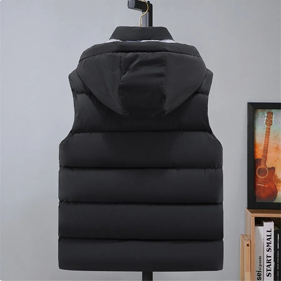 Gilet imbottito da uomo nero in cotone, giacca senza maniche con cappuccio staccabile, caldo invernale, cappotto spesso da uomo, taglia grande 5XL