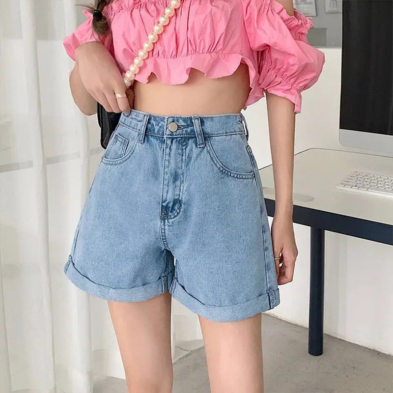 Light Blue High Waist Wide Leg A- Line Shorts Women's Denim Cuffed Hot Pants Design Sensation Casual Korean Style Cotton Shorts