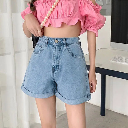 Light Blue High Waist Wide Leg A- Line Shorts Women's Denim Cuffed Hot Pants Design Sensation Casual Korean Style Cotton Shorts
