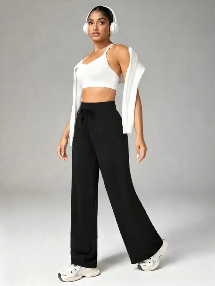 Women's Sports Yoga Flare Pants High Waist Drawstring Straight Wide Leg Pant Thin Sports Comfort Elastic Fitness Sports Trousers