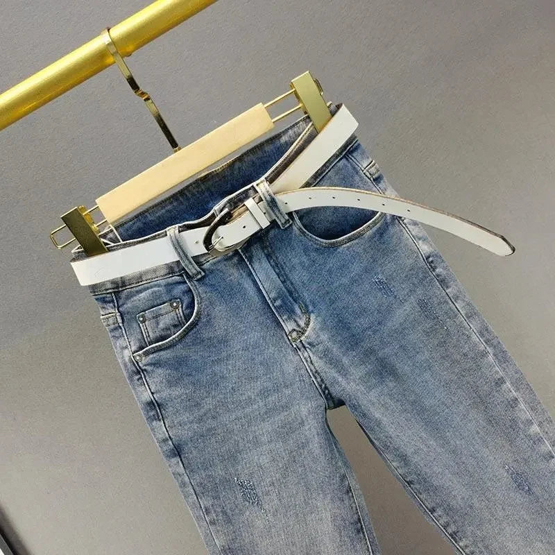 New Autumn Fashion High-Waisted Jeans Women Slim Hot Drilling Denim Pants Ladies Casual Wild Pencil Cowboy Pants Female Trouser