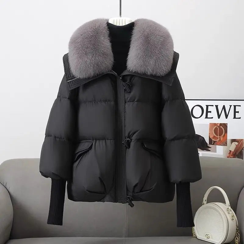 2025 Women Parkas Down Cotton Short Padded Jacket Fur Collar Autumn Winter Thick Coats Female Black Casual Outerwear Clothes