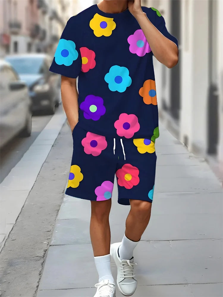 Completo estivo casual da uomo con pantaloncini a maniche corte, maglietta alla moda da uomo stile urbano, pantaloncini sportivi da uomo per attività all'aperto.
