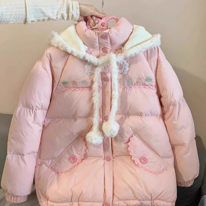 Pink Kawaii Lolita Style Women Parka Japanese Cute Embroidery Bunny Ears Hooded Jacket Loose Plush Velvet Lined Down Padded Coat