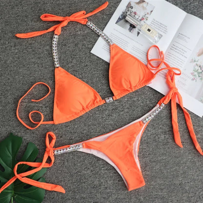 Bikini sexy da donna in 4 colori, tinta unita, lusso, con strass, allacciatura al collo, costume da bagno, set bikini da donna, costume da bagno, perizoma da spiaggia