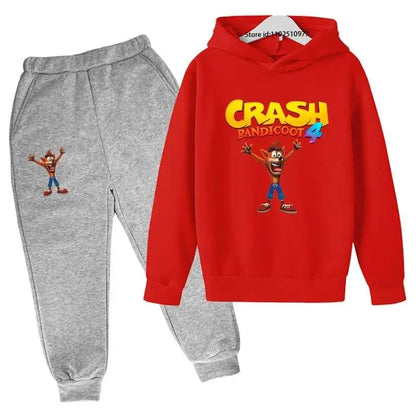 Completo per bambini con felpa con cappuccio e pantaloni a tema Crash Bandicoot, ideale per primavera e autunno, taglie 3-13 anni, abbigliamento casual per bambini e bambine.
