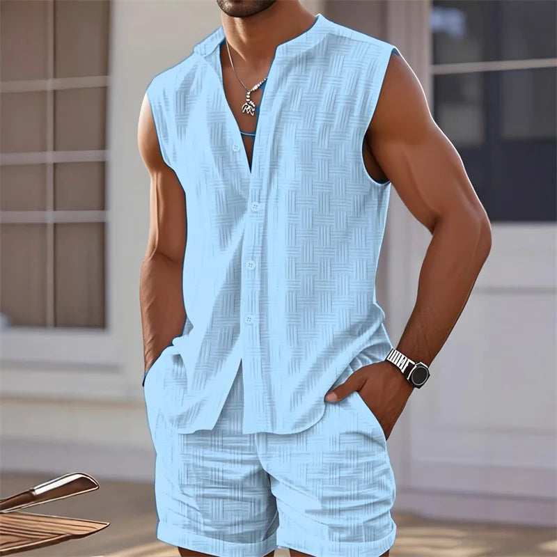 Completo da uomo 2025 composto da canotta, top senza maniche e pantaloncini a quadri, set casual e alla moda con pantaloncini senza maniche in stile hawaiano per la spiaggia.