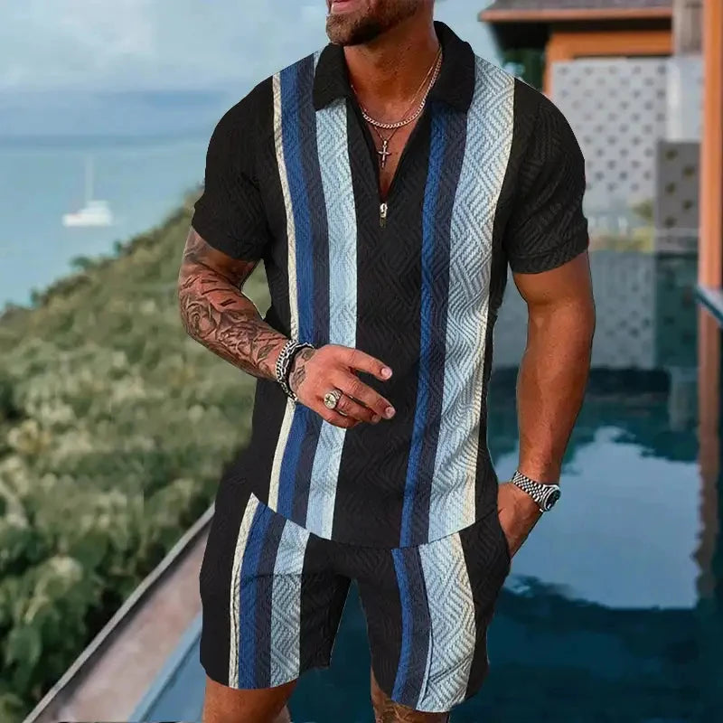 Completo estivo vintage casual a righe con stampa 3D, composto da polo, polo con cerniera e colletto, pantaloncini con cerniera, stile vacanze hawaiane da uomo.