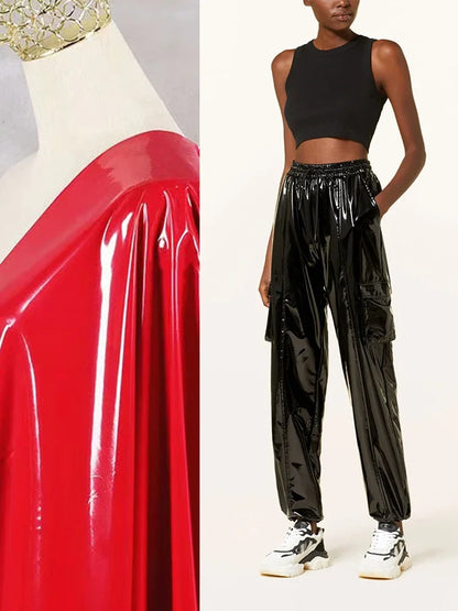 Casual High Waist Faux Latex Cargo Pants Women Shiny Patent Leather Drawstring Elastic Waistband Bloomers PU Sweatpants Custom