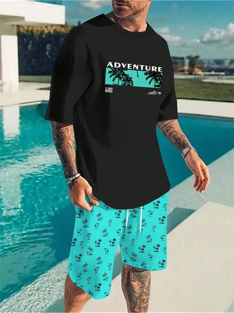 Completo da uomo estivo alla moda con stampa hawaiana di cocco 2024, composto da t-shirt, pantaloncini e tuta sportiva traspirante a due pezzi con stampa 3D a maniche corte.