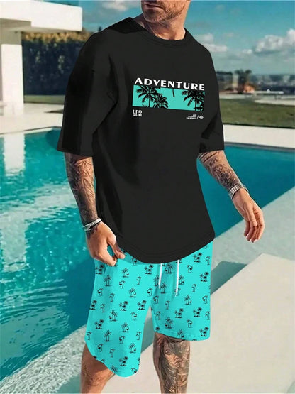 Completo da uomo estivo alla moda con stampa hawaiana di cocco 2024, composto da t-shirt, pantaloncini e tuta sportiva traspirante a due pezzi con stampa 3D a maniche corte.