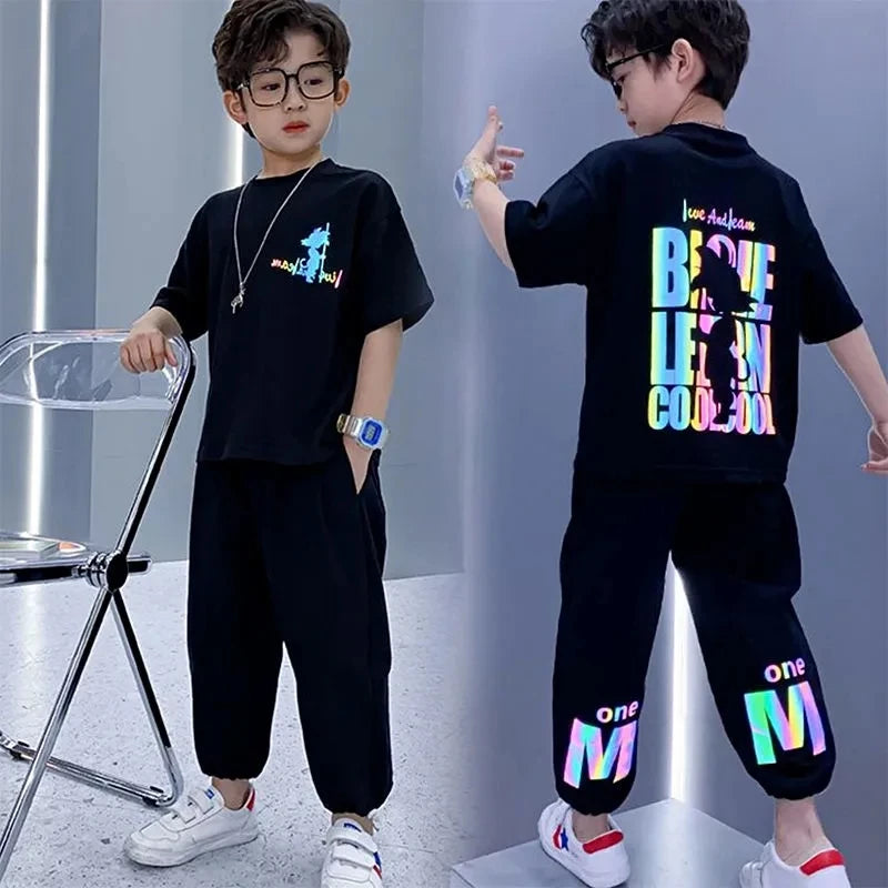 Completo estivo per ragazzi composto da maglietta a maniche corte e pantaloni, 2 pezzi, abbigliamento sportivo casual per adolescenti, taglie 3 5 8 10 12 13 15Y