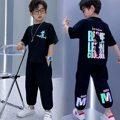 Completo estivo per ragazzi composto da maglietta a maniche corte e pantaloni, 2 pezzi, abbigliamento sportivo casual per adolescenti, taglie 3 5 8 10 12 13 15Y