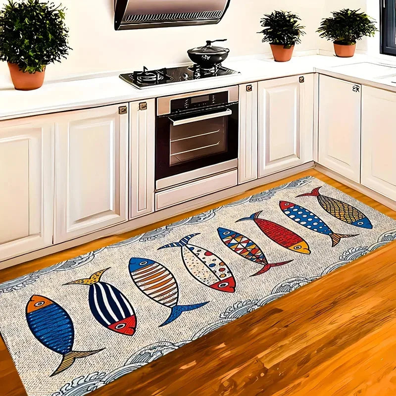 VIKAMA Little Fish Kitchen Two-Piece Flannel Rug Set Living Room & Bedroom Anti-Slip, Wear-Resistant, Stain-Resistant Floor Mat